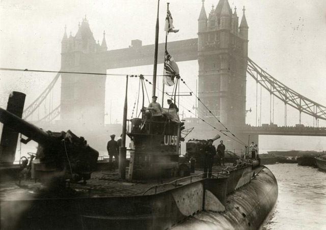 A captured German U-boat on the Thames, 1918. 