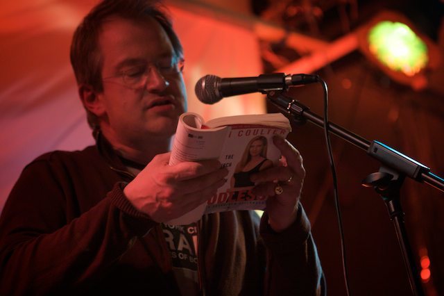 Robin Ince fires up during an Ann Coulter reading Natalie Ujuk