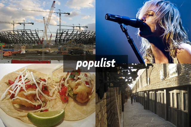 Clockwise from top right: 2012 Olympics stadium, Metric, Camden Stables market, fish tacos 