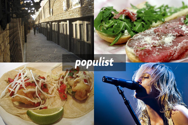 Clockwise from top right: Camden Stables market, beef and horseradish sandwich, Metric, Taqueria 