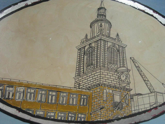 Some parts of the mural are drawn from life rather than a school kid's fantasy. Here's a sketch of nearby St Mary Le Bow, including a crane from the New Change building site to the right. 