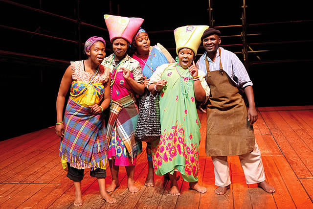 L-R The Midwives (Lungelwa Mdekazi, Zolina Ngejane, Unathi Habe, Noluthando Domza Sishuba) and Xolani Momo (Joseph).  Photo by Ruphin Coudyzer FPPSA