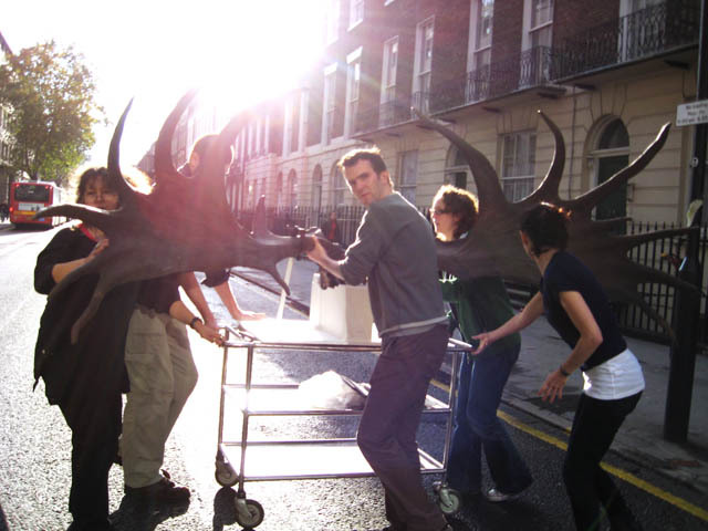 Elkie the giant deer trundles along Gower Street during renovations at the Grant Museum. (C) UCL, Grant Museum of Zoology. 