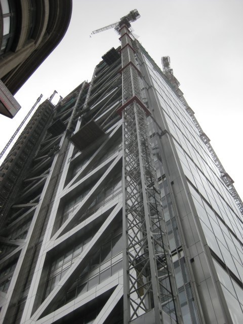 This corner view shows the distinctive diagonal bracing that, along with the spire, will be its most recognisable feature.