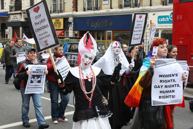 Sisters of the London House of Common Sluts of the Sister of Perpetual Indulgence and protesters on Victoria Street