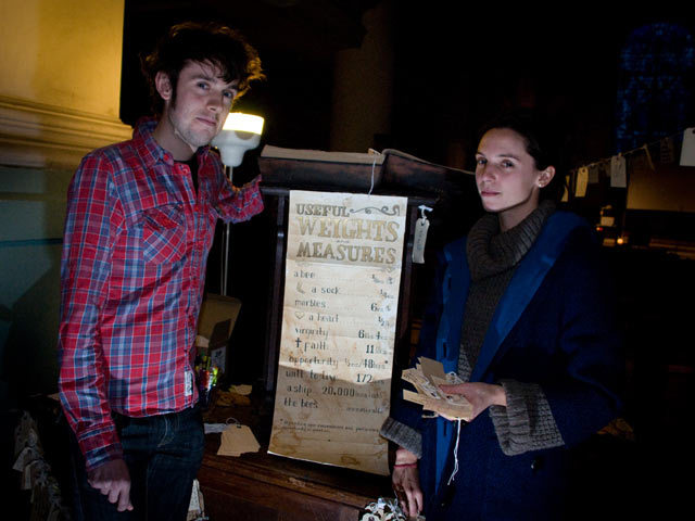 The book of Lost Things in which the artists transcribe all the lost things, along with a weights and measures chart of lost items plus Allegra and Ben of Ignore the Forecast. Alex Muller