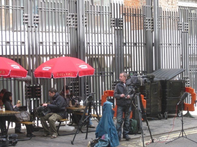 Cameramen staking out Derby Gate, the entrance to Norman Shaw Buildings, and David Cameron's current offices