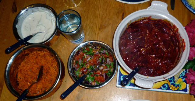 R-L: spiced beetroot, tomato and onion chutney, carrot salad and raita