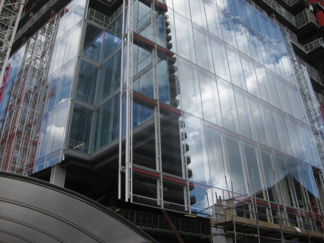 Panels of glass have been installed on the lower floors.