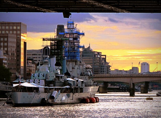 Sunset behind HMS Belfast
