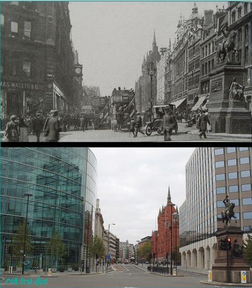 The view from Holborn Circus in 1920 and 2009. Prince Albert and the Prudential Building remain constant.