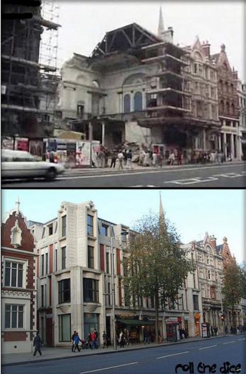 Finally, an image from Kensington High Street, showing the demolition of the old town hall (1985), and a modern view.