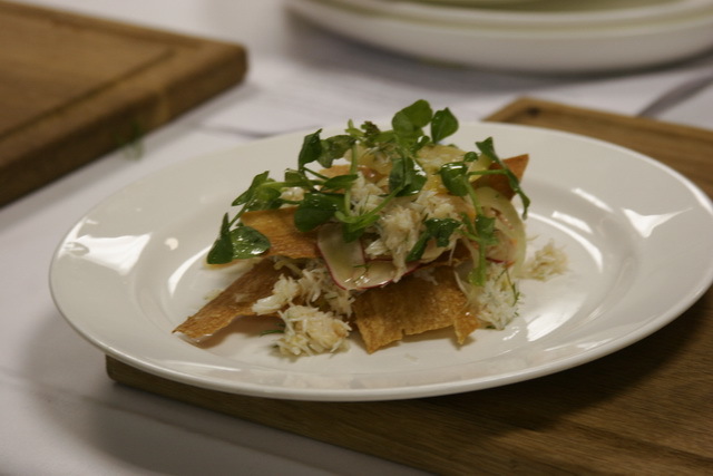 Spiced crab with shrimp and pea shoot salad.