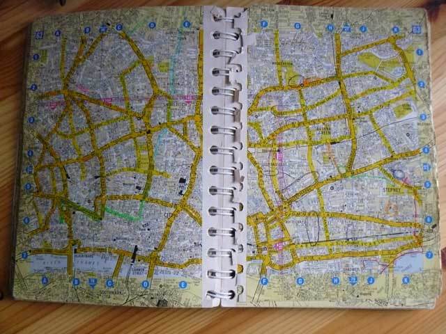 Henrietta Forester's 1998 spiral bound A-Z showing clear signs of biro circlage and highlighting, whilst the page hangs on for dear life