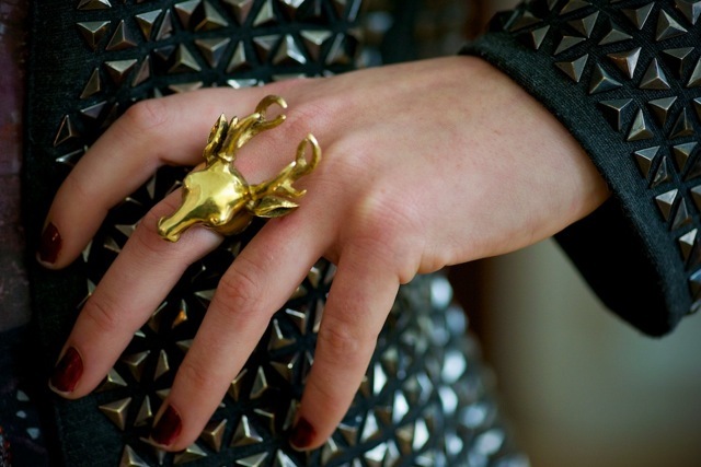 The assistant at the Felder and Felder stand shows off another key item of the season, a bold statement ring (check out Bex Rox for similar items)