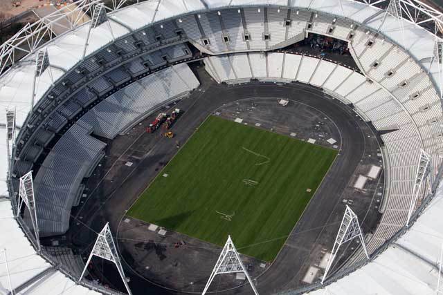 Olympic Park. Aerial view of the Olympic Stadium with a newly turfed event field. Picture taken on 24 Mar 11 by Anthony Charlton.