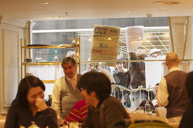 Peep O'Daze nipped into Fortnum and Mason for tea en route to Hyde Park - before the UK Uncut occupation / from the Londonist Flickr pool