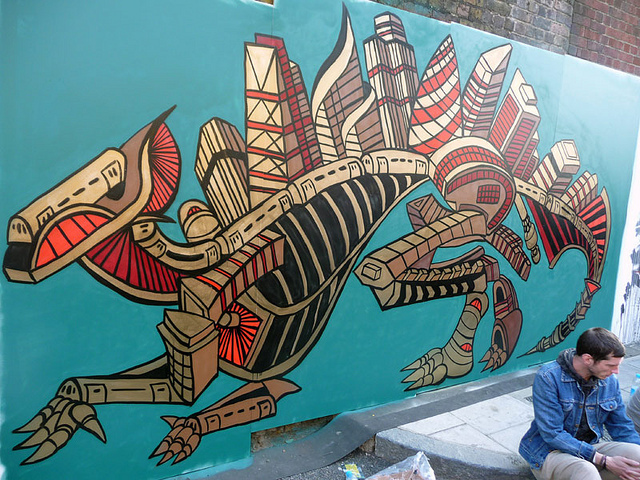 Street Art Andy Council s Dinosaur Made From London Buildings Londonist