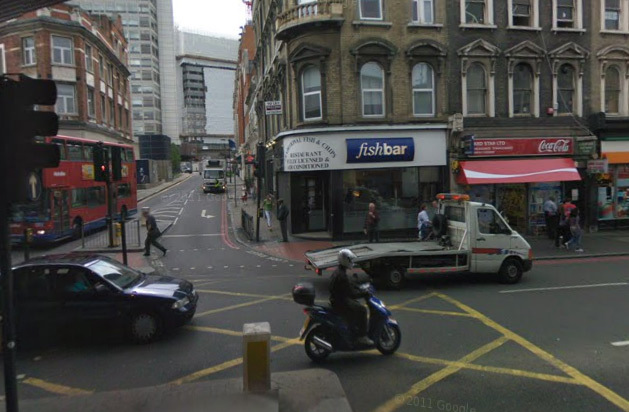 An image from Google Street View: the ruins were found beneath where this fish bar once stood