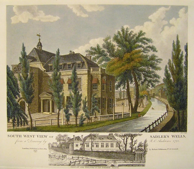 The south west view of Sadler's Wells in 1792. Original antique copper engraving, published by R Wilkinson in 1823
