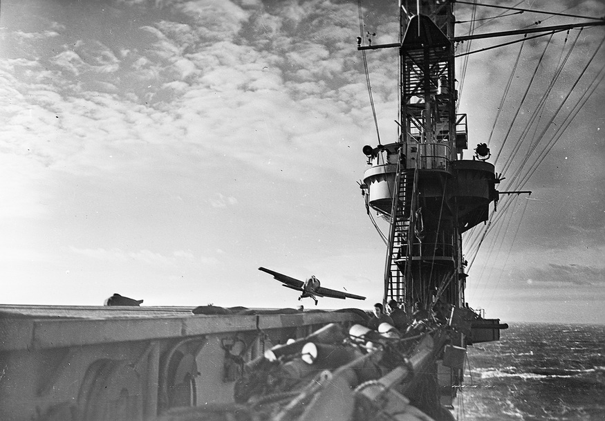 A US-supplied Grumman Martlet fighter taking off from the US-supplied escort carrier HMS Pursuer (April 1944).