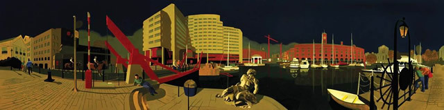 St Katharine's Dock, David Piddock, Oil on gesso board, 59 x 244 cm