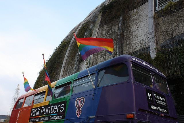 The rainbow bus flying the flag outside the Kia Oval Cricket Ground