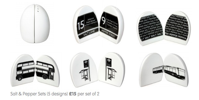 Salt and pepper shakers in five transport themes.