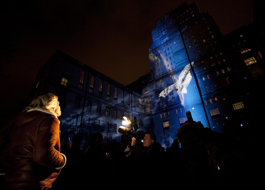 EMBARGOED TO 0001 WEDNESDAY JANUARY 11.

A  270 degree fully immersive 3D projection for Virgin Money appears at the University of London's Senate House Library courtyard to launch the company's '40 Years of Better. Now in a bank' campaign. 
PRESS ASSOCIATION Photo. Picture date: Tuesday January 10, 2011.
Virgin Group chairman Sir Richard Branson kicked off the three minute projection which told the Virgin story from space travel, trains, records, Virgin Atlantic planes and hot air balloons to a Virgin Money branch in front of audience of around 200. 
Photo credit should read: David Parry/PA Wire