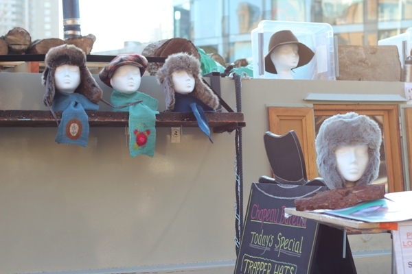 Fuzzy hats for sale on a Regent's Canal boat (Chapeau Bateau) by Tim Woodall