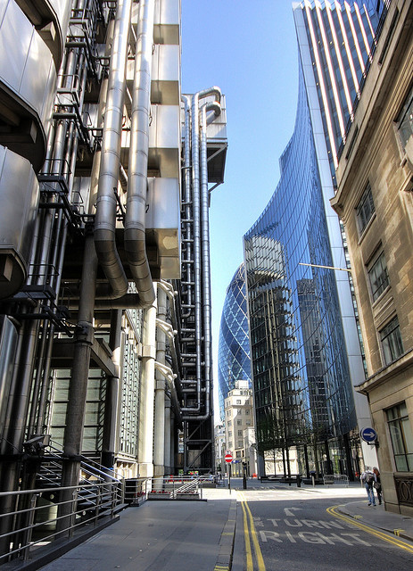 Lloyd's of London with the Gherkin peaking behind, by Brron