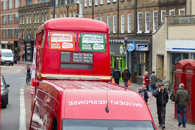 A trailing protest bus