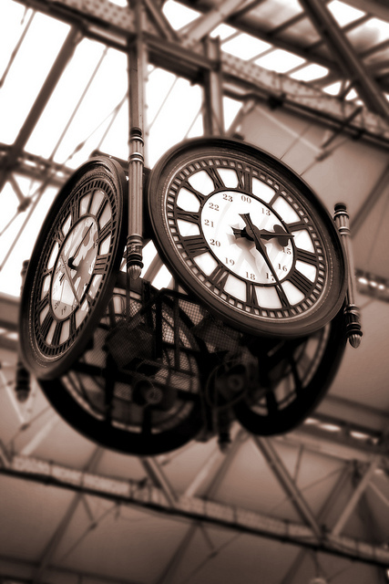 A magnificent four-way clock in Waterloo Station, by jorarl