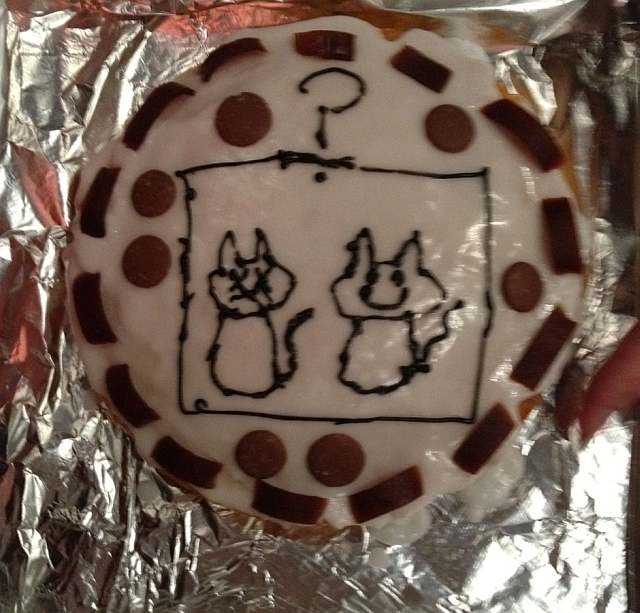 Decorated Schrodinger's cat cake by previous guest Gemma Arrowsmith