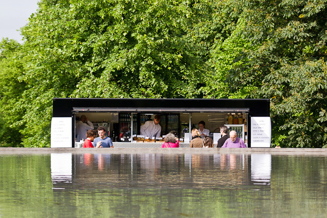 The cafe, reflected in the pool