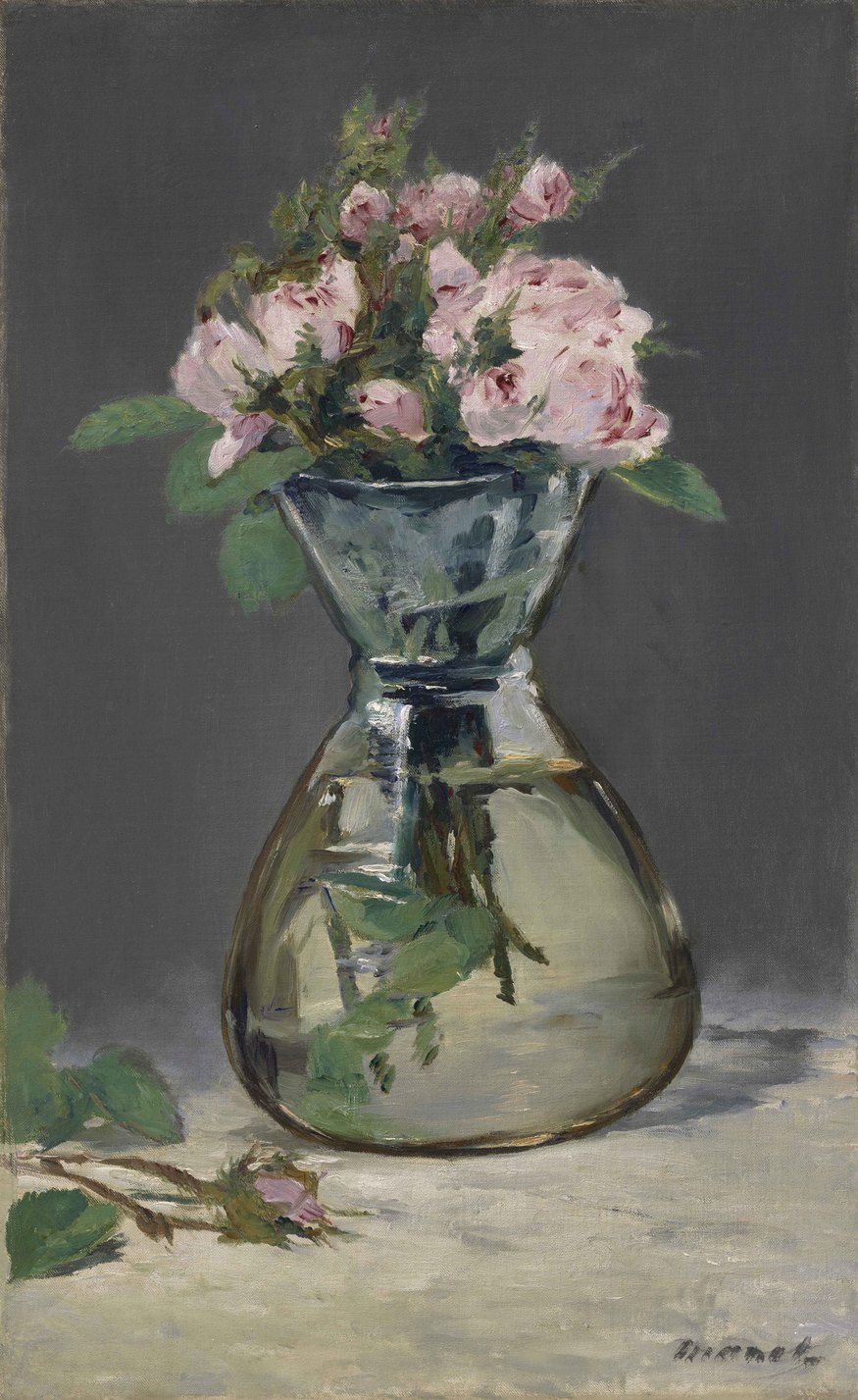 From Paris: A Taste for Impressionism 
 Paintings from the Clark
 7 July 2012 to 23 September 2012
 
 
 Key. 25 
  
 Edouard Manet,
 Moss Roses in a Vase, 1882.
 Oil on canvas, 55.9 x 34.6 cm.
 Copyright Sterling and Francine Clark Art Institute,
 Williamstown, Massachusetts, USA, 1955.556
 