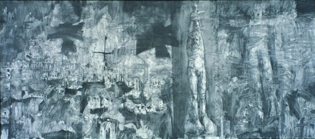 Hughie OÃ¢ÂÂDonoghue 
 Crossing the Rapido III, 1998
 Graphite wash on canvas prepared with gesso
 325 x 686 cm 
 Image courtesy of the artist
 Photo: Anthony Hobbs
 