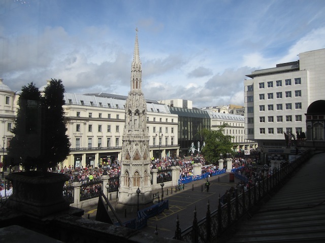 Crowds assemble in front of Charing Cross station.
