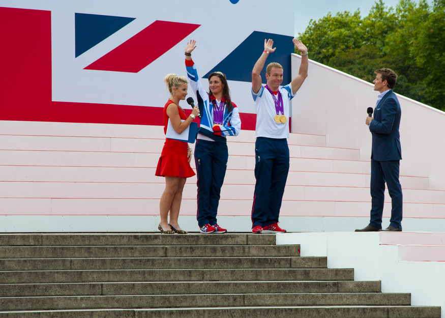 Sarah Storey and Sir Chris Hoy arrive on stage at the Palace.