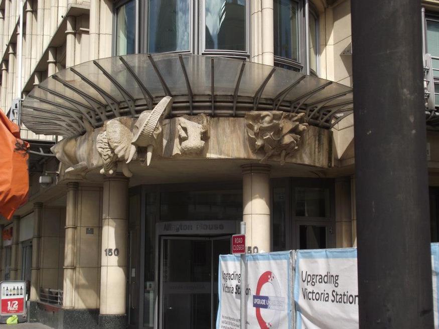 The building entrance before it was clad in scaffolding and put behind hoarding ready for demolition
