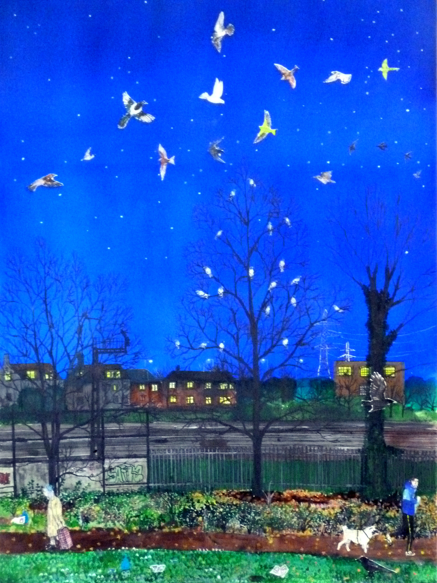 Emma Hwaorth, Birds Over Railway. Image courtesy of Rebecca Hossack Art Gallery.