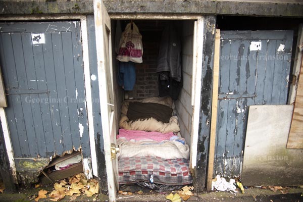 Georgina Cranston, Sheds in London used as sleeping sites by homeless men and women.. Image courtesy of gallery@oxo.