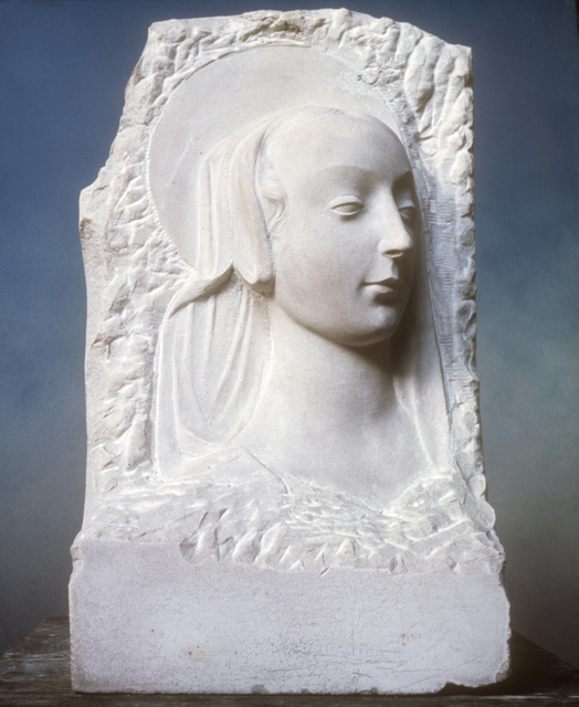 Head of the Virgin, Henry Moore, 1922–3, Marble, © Reproduced by permission of The Henry Moore Foundation