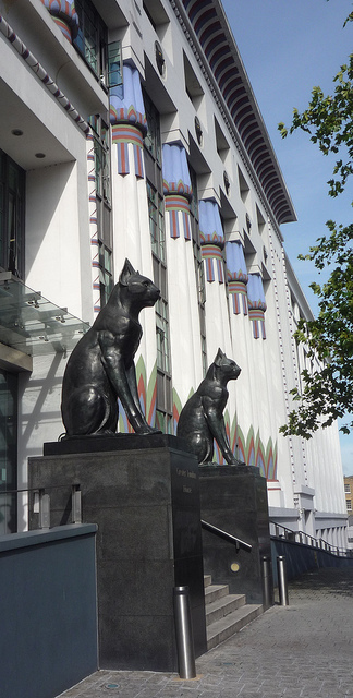 Bronze Cats: Carreras Cigarette Factory - "The black cat was the logo of Carreras Cigarettes, designed by M.E and O.H Collins with A.G Porri in 1928, just a few years after Howard Carter had discovered the tomb of the Tutankhamun." Photo and info by curry15