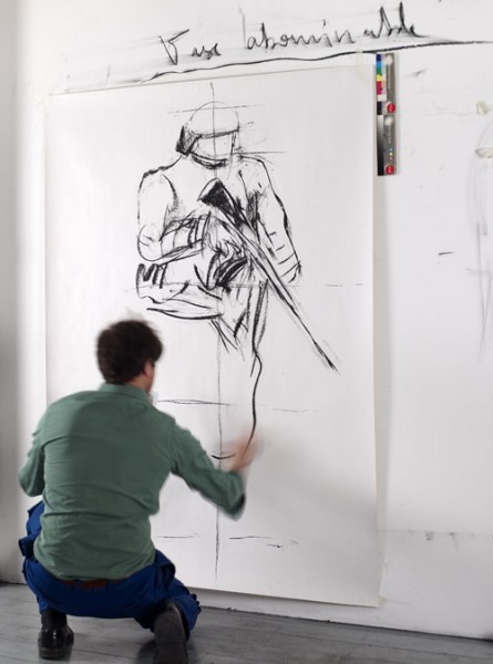 Adel Abdessemed in his studio, drawing Soldaten. January 2013. © Adel Abdessemed, ADAGP Paris Courtesy the artist and David Zwirner, New York/London Photography : Marc Domage