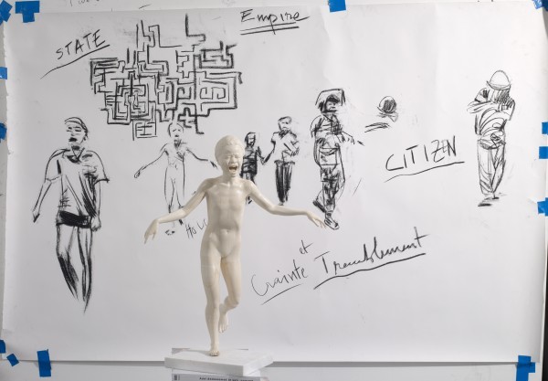 Installation view of Adel Abdessemed’s studio in Paris with Cri (2012) and drawings Cri, 2012 Ivory 52 3/8 inches (133 cm) © Adel Abdessemed, ADAGP Paris 2012 Courtesy the artist and David Zwirner New York/London