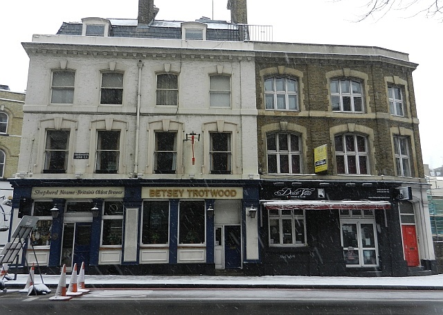 The premises (to the right), directly adjoining the Betsey Trotwood pub, currently house a disused Italian restaurant.