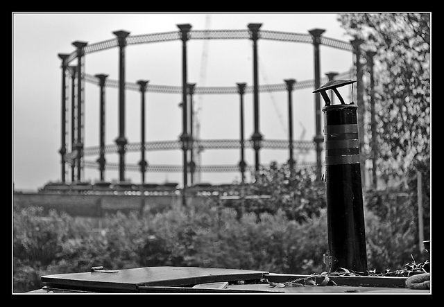 Barge chimney and Kings Cross gas holder by Louis Berk