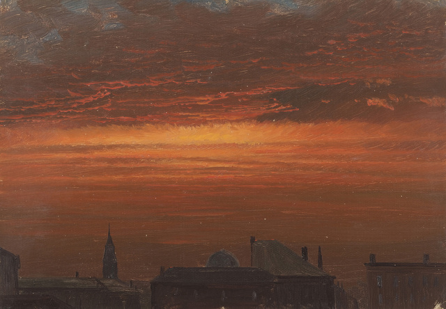 Hudson, New York at Sunset. 1867. Brush and oil paint on canvas. 39.7 x 50.2 cm. Gift of Louis P. Church, 1917-4-1346-b. Photo: Matt Flynn Â© Smithsonian Institution