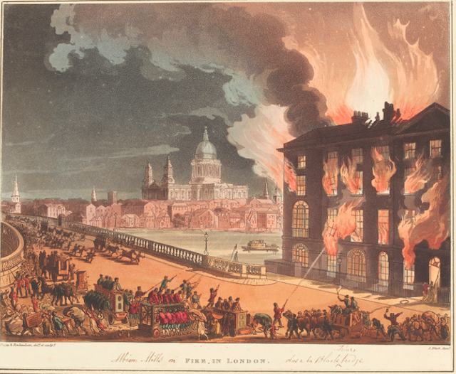 John Bluck's etching of the Albion Mills fire at the southern end of Blackfriars Bridge, 1808. ©The Trustees of the British Museum.